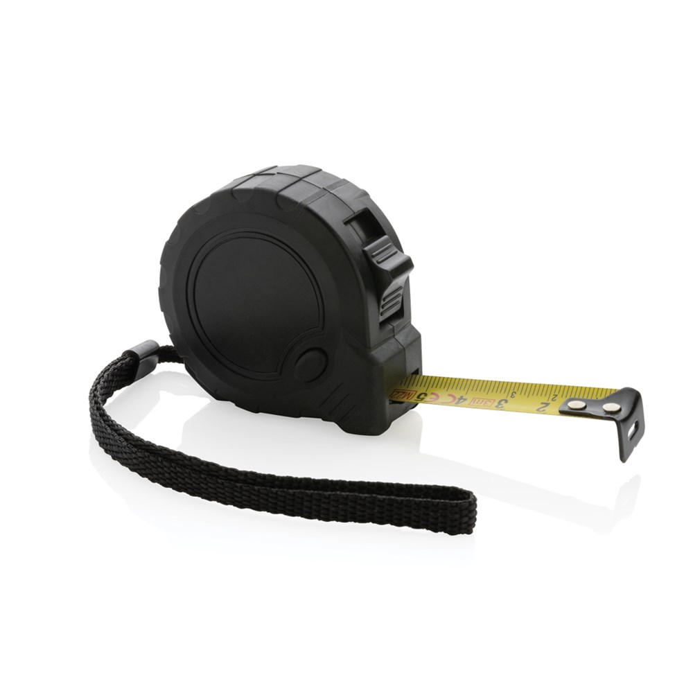 3m/16mm Maßband mit Stop-Taste aus RCS recycelt. Kunststoff - schwarz (± PMS Black)