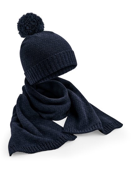 Beechfield - Knitted Scarf and Beanie Gift Set - Navy Fleck