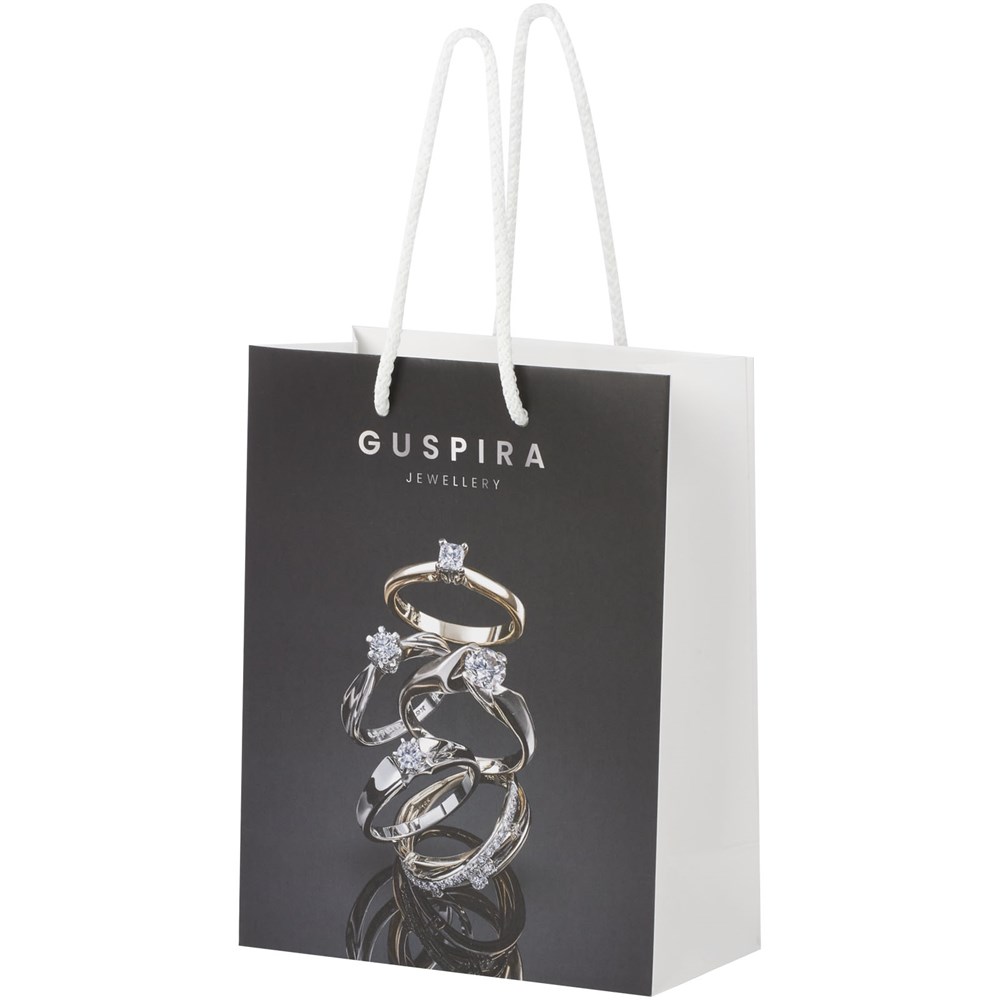 Handgefertigte 170 g/m² Integra-Papiertüte mit Kunststoff Kordelgriffen – 18 × 9 × 23 cm 